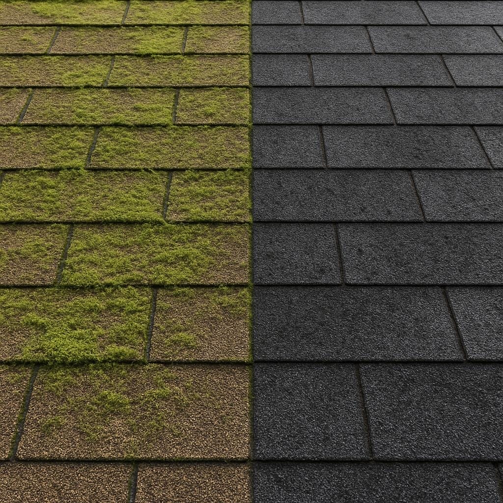 Before and after roof cleaning Kitsap County, Moss removal results Puget Sound